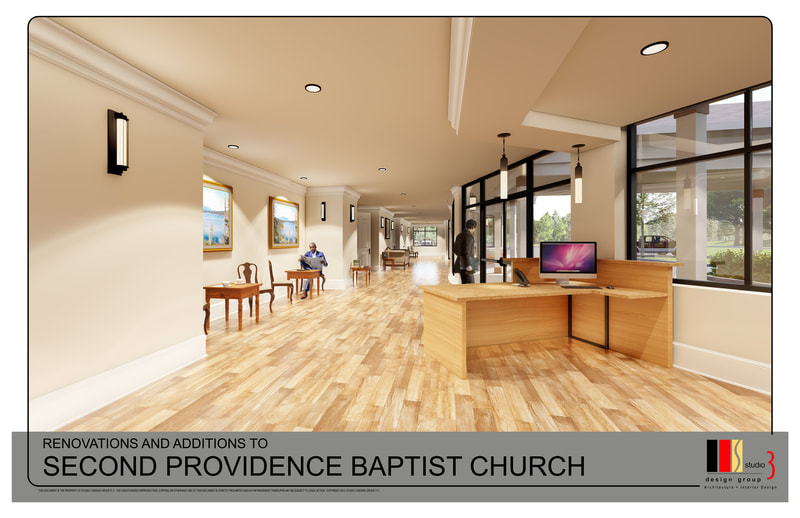 rendering of expected space at Second Providence Baptist Church featuring small chairs and tables with a large wooden desk 