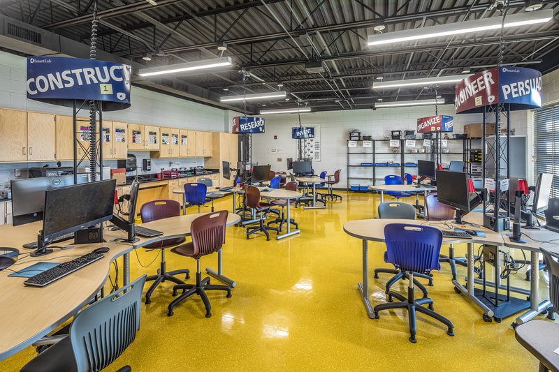 new Richmond Hill K-8 Replacement School lab room with colorful muted tones 