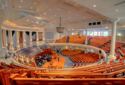 side aerial view of circular rotunda styled seating in sanctuary of First Baptist Church of North Augusta 