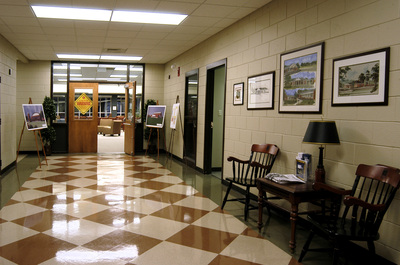 interior hallway of Augusta Preparatory Day School library with diamond contrast flooring 