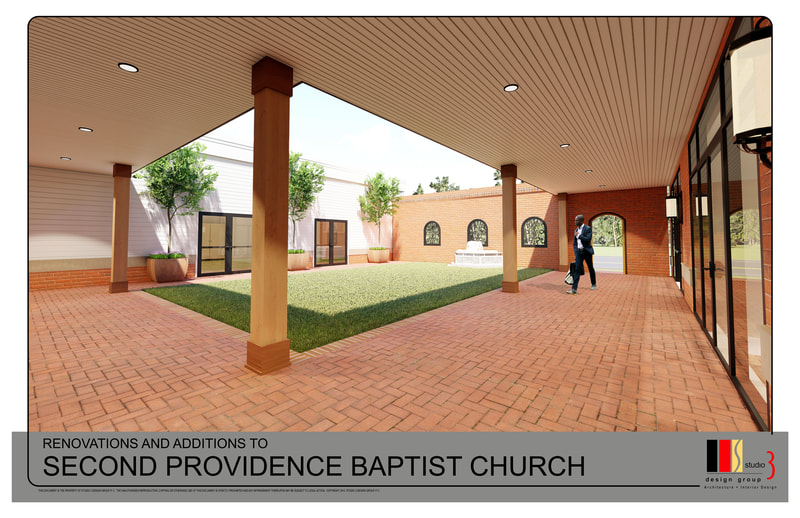 rendering of side view of expected courtyard space and covered surrounding walkway at Second Providence Baptist Church 
