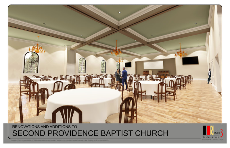 rendering of expected dining/fellowship space with large tables and chairs at Second Providence Baptist Church 