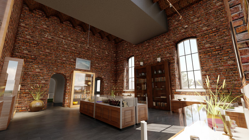 interior rendering of Augusta Jewish Museum done in red brick with warm toned wooden cabinetry and tall narrow windows