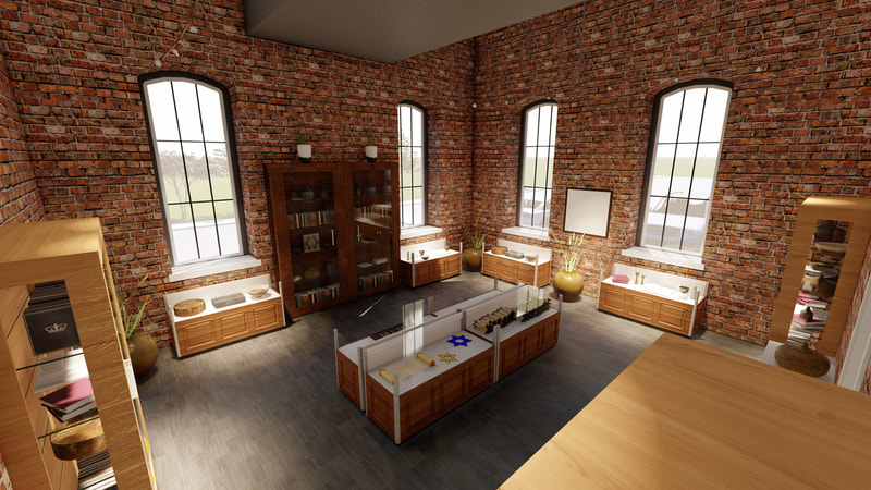 aerial rendering of Augusta Jewish Museum done in red brick with tall rounded windows and warm toned wooden cabinetry 